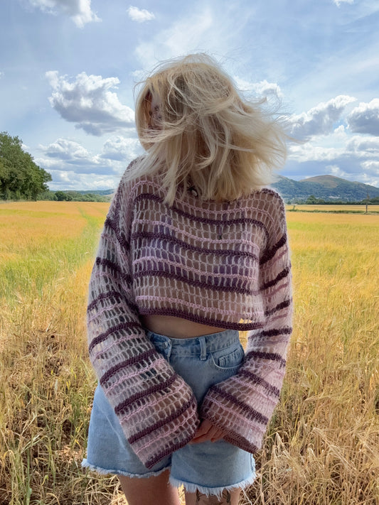 Lightweight mesh crochet top pattern in pink, blue DK yarn, perfect for summer or festivals, beginner-friendly PDF. Fully Customizable Top Crochet Pattern.