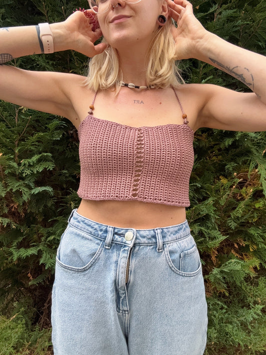 Women's open back beach top – lightweight summer blouse for beachwear, breathable backless cover-up for vacation or resort style, in dusty pink color.