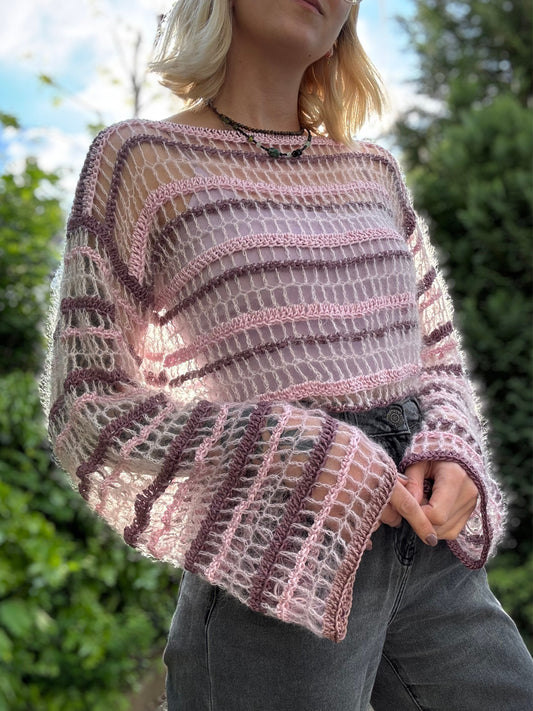 Lightweight mesh crochet top pattern in pink, blue DK yarn, perfect for summer or festivals, beginner-friendly PDF. Fully Customizable Top Crochet Pattern.