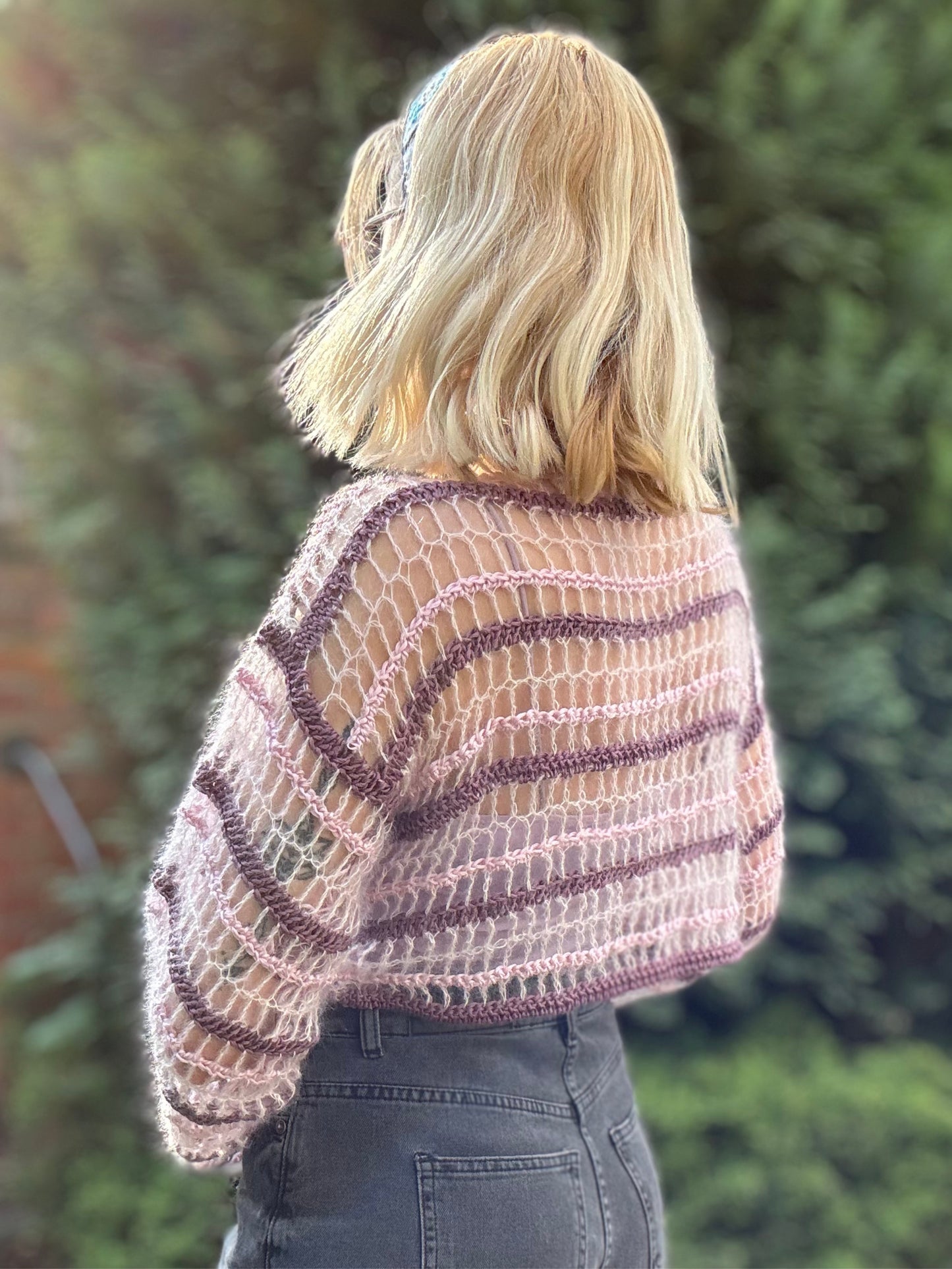 Lightweight mesh crochet top pattern in pink, blue DK yarn, perfect for summer or festivals, beginner-friendly PDF. Fully Customizable Top Crochet Pattern.