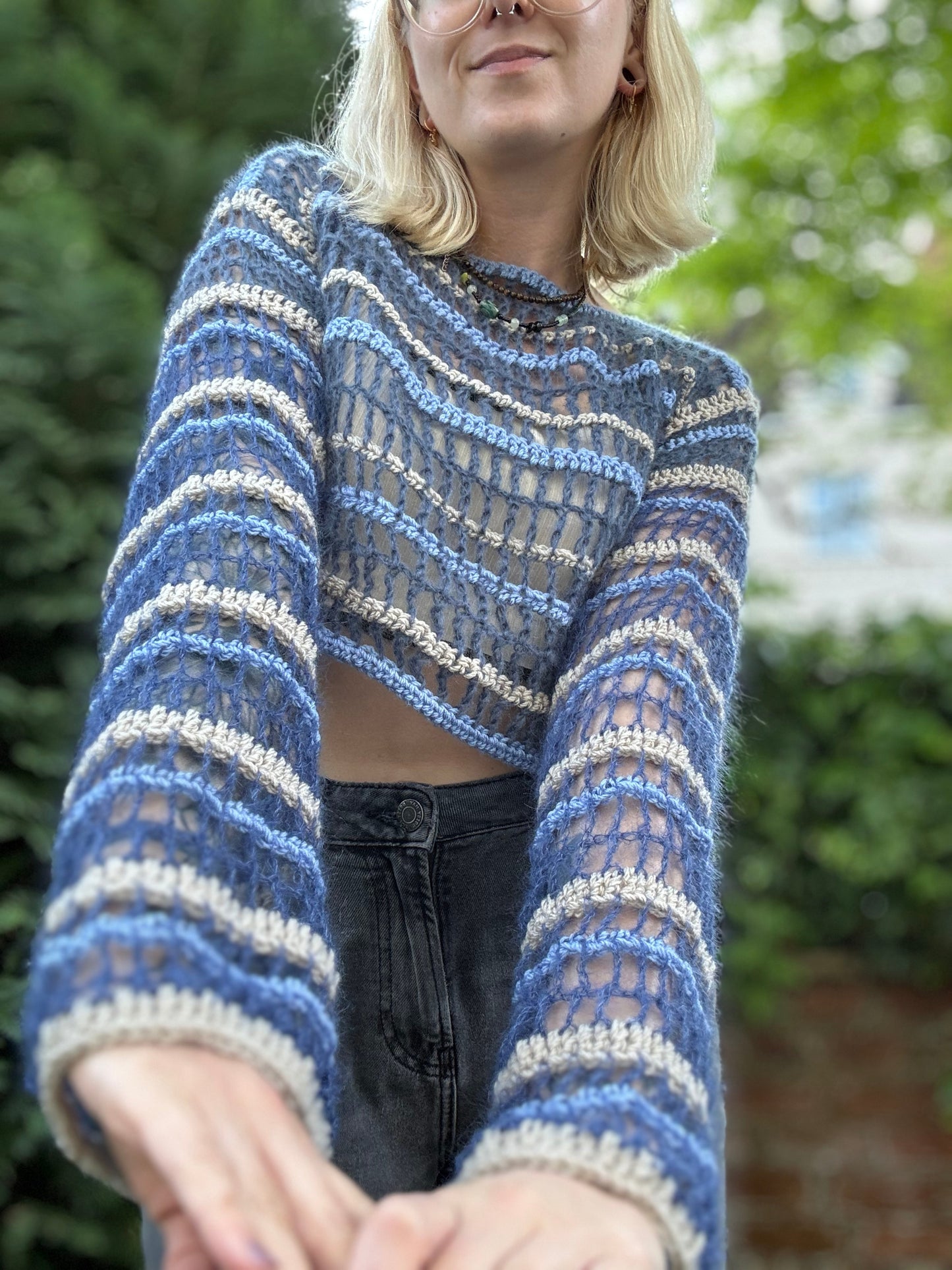 Lightweight mesh crochet top pattern in pink, blue DK yarn, perfect for summer or festivals, beginner-friendly PDF. Fully Customizable Top Crochet Pattern.