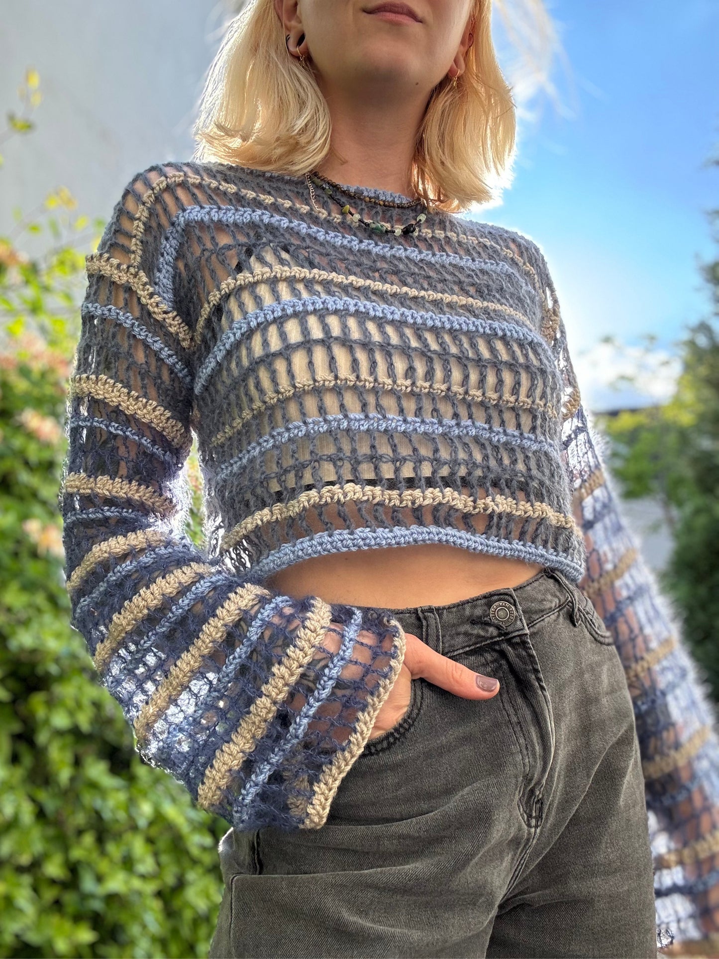 Lightweight mesh crochet top pattern in pink, blue DK yarn, perfect for summer or festivals, beginner-friendly PDF. Fully Customizable Top Crochet Pattern.