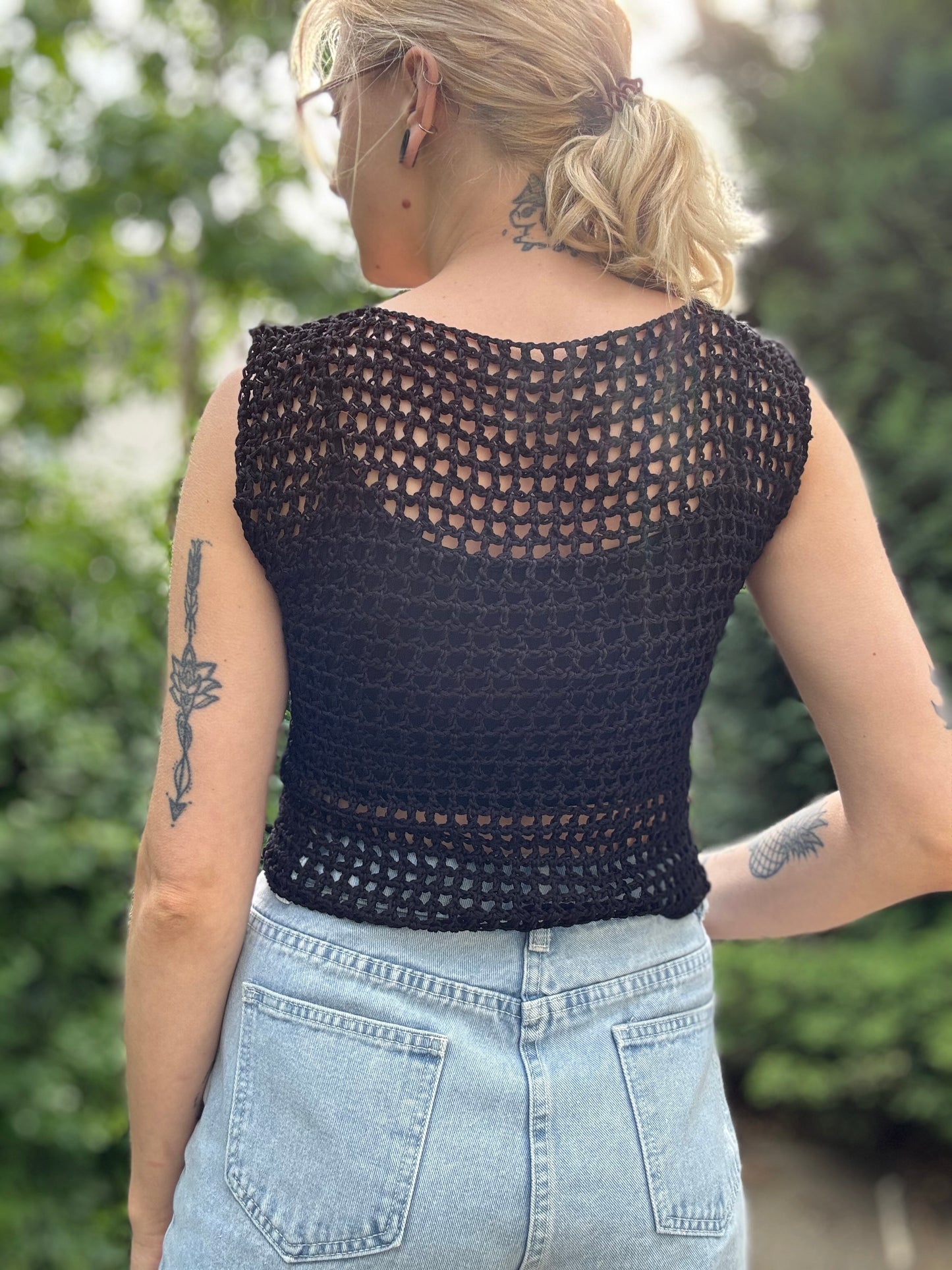Trendy lightweight mesh crochet top, available in white, black, brown—perfect for summer outfits.