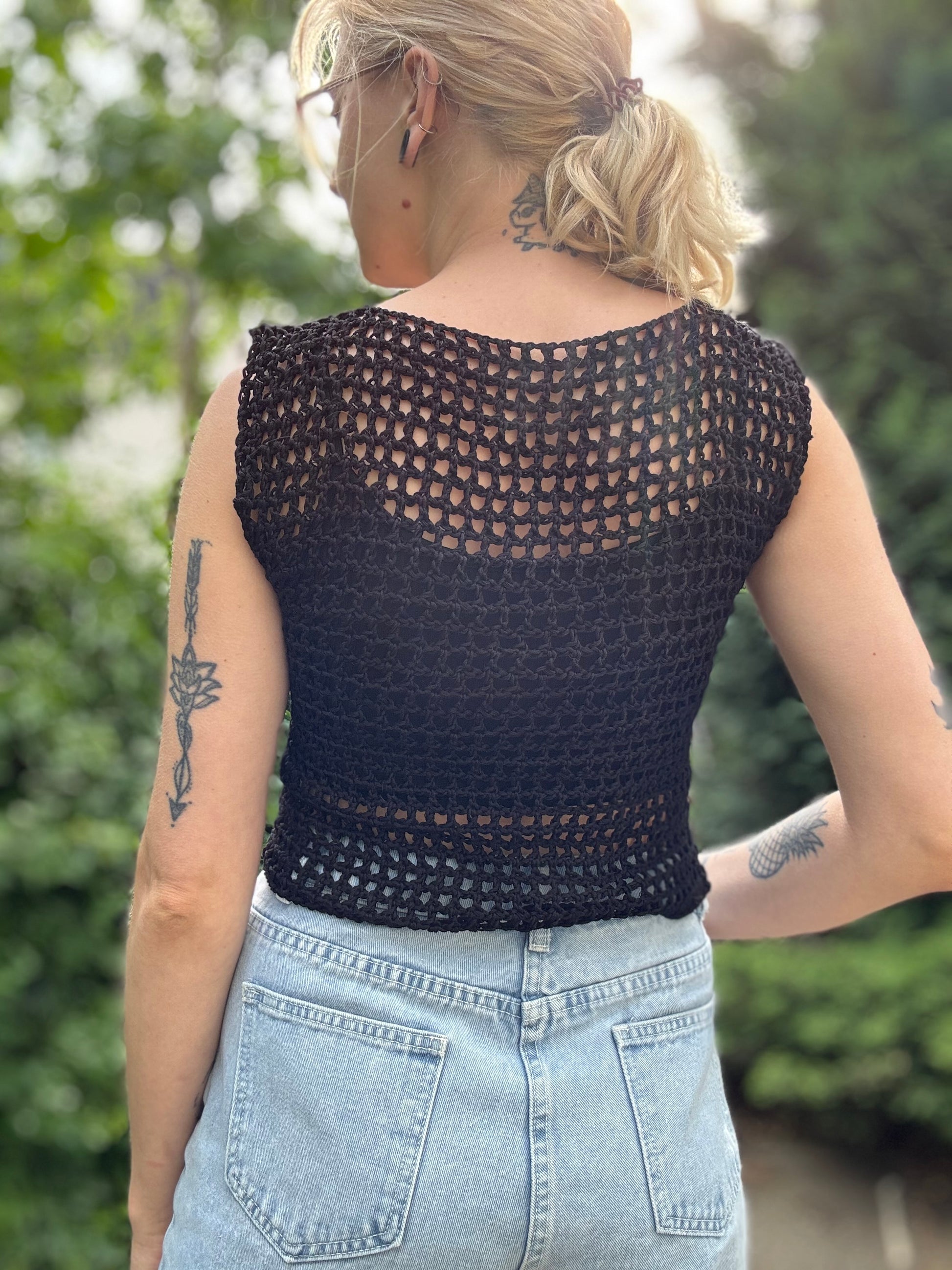 Trendy lightweight mesh crochet top, available in white, black, brown—perfect for summer outfits.