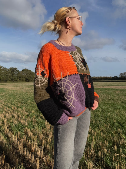 Beginners Friendly Textured oversized sweater with Halloween details, styled for trendy 2025 fall outfits. Made-to-measure crochet pattern for women and men.