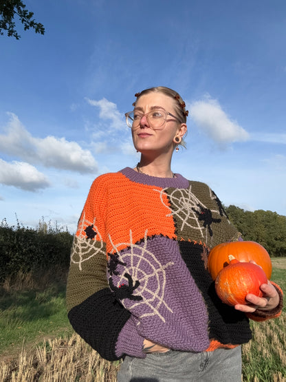 Pumpkin patch sweater crochet pattern. Designed with Halloween details. Cozy fall outfit made in orange, brown, purple and black colors. Customizable in size and color crochet pattern. Instant PDF download.