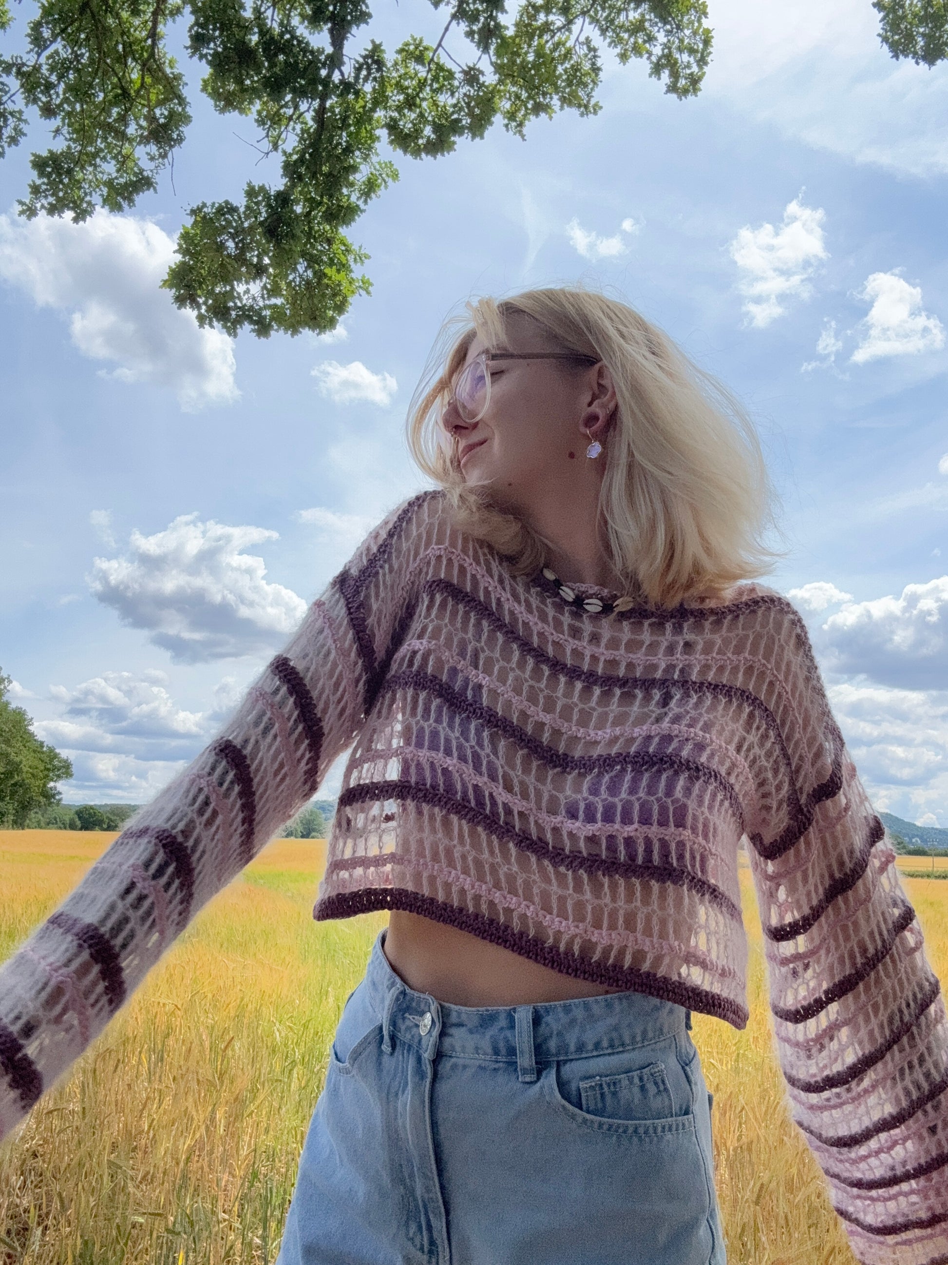 Lightweight mesh crochet top pattern in pink, blue DK yarn, perfect for summer or festivals, beginner-friendly PDF. Fully Customizable Top Crochet Pattern.