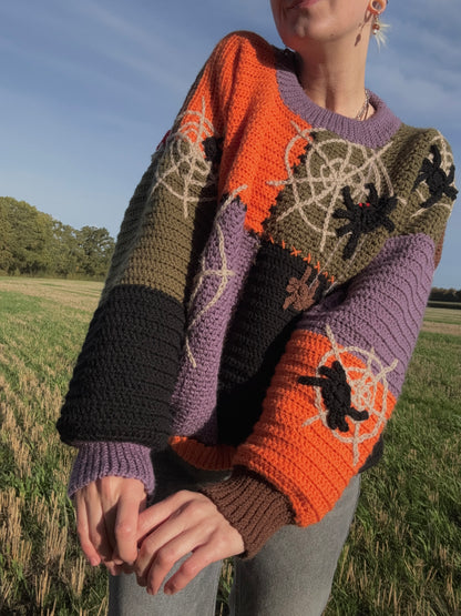 Beginners Friendly fall season oversized sweater crochet pattern, cozy fit for autumn weather. Sweater in green, brown, orange, purple colors.