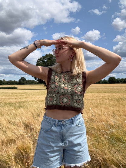 Granny square patchwork crochet top pattern, colorful boho summer shirt, beginner-friendly, easy to crochet in different colors.