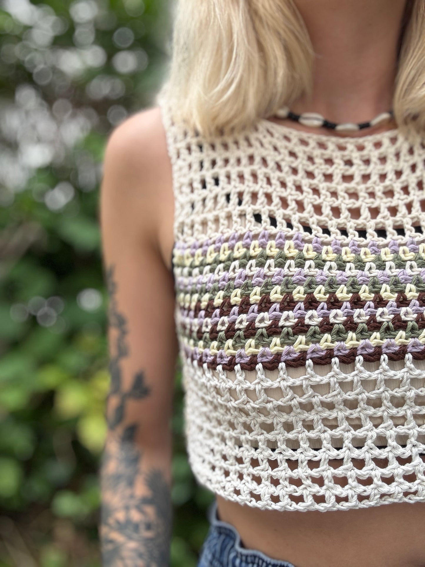 Beginners friendly Summer mesh crochet top pattern in white, lightweight festival beachwear.