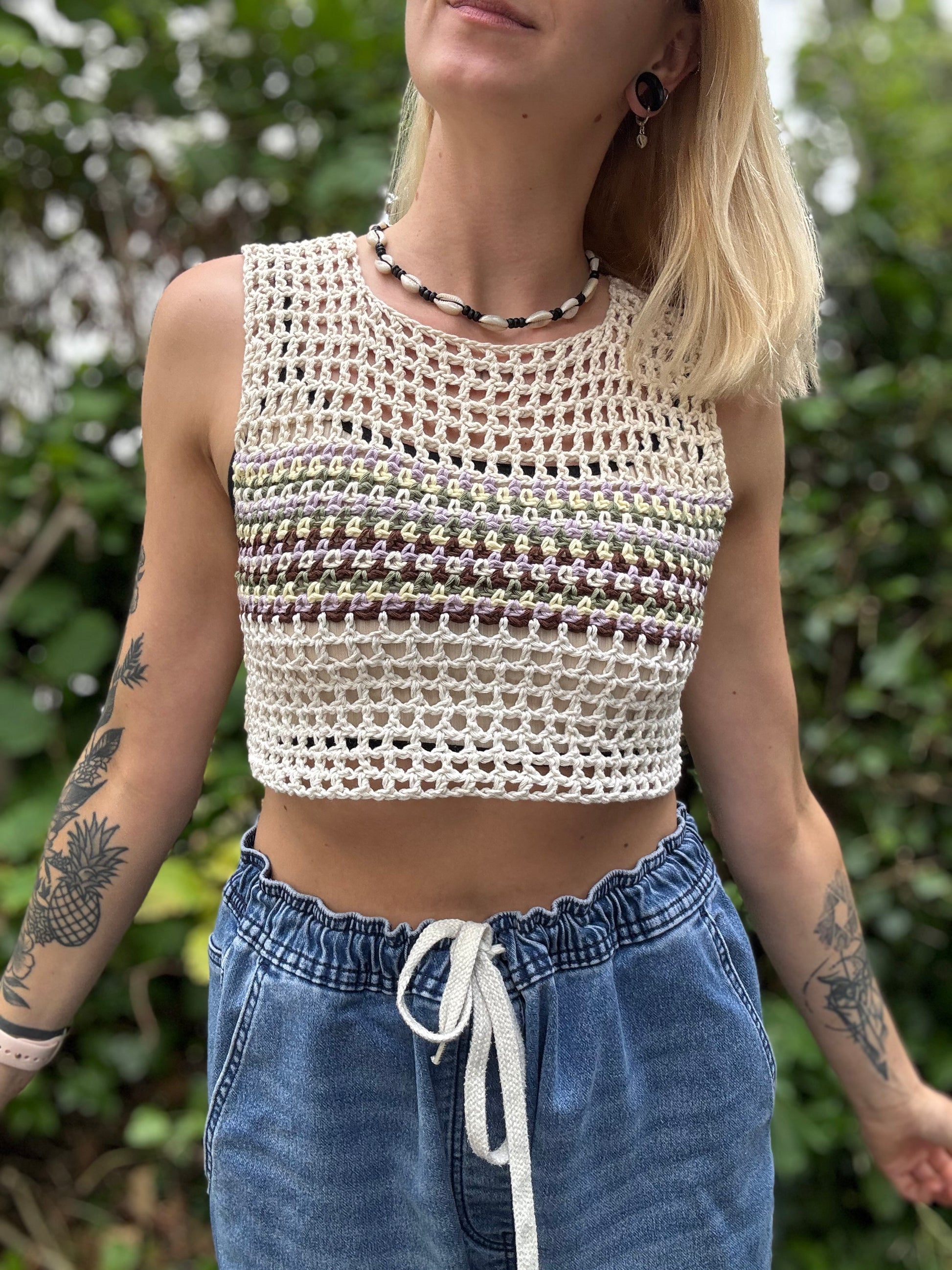 Beginners friendly Summer mesh crochet top pattern in white, lightweight festival beachwear.