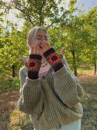 Fingerless gloves crochet pattern, handmade wrist warmers in brown, forest green and deep orange color. quick beginner crochet project with a step-by-step picture tutorials for 2 sizes.