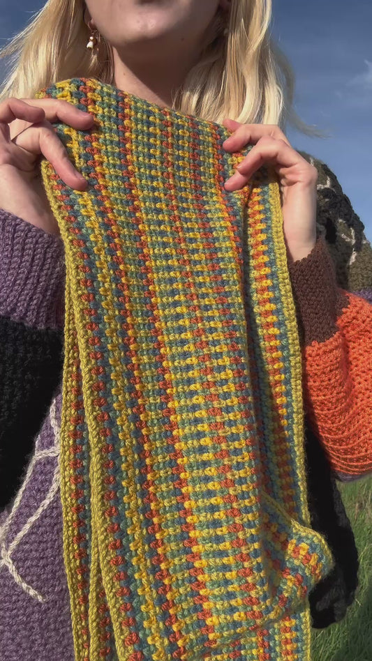 Handmade crochet moss stitch scarf, cozy autumn and winter accessory. beginner-friendly, customizable crochet pattern with step-by-step photo tutorials.