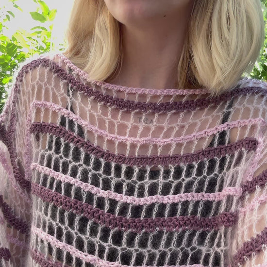Lightweight mesh crochet top pattern in pink, blue DK yarn, perfect for summer or festivals, beginner-friendly PDF. Fully Customizable Top Crochet Pattern.
