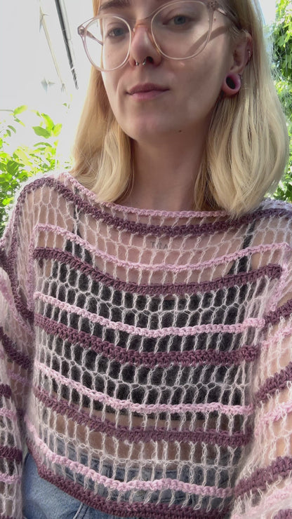 Lightweight mesh crochet top pattern in pink, blue DK yarn, perfect for summer or festivals, beginner-friendly PDF. Fully Customizable Top Crochet Pattern.